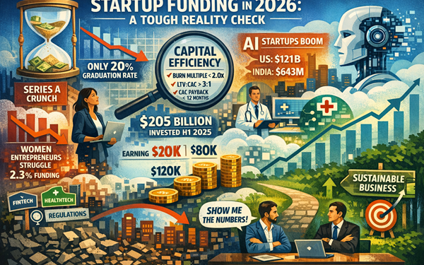 Startup funding landscape 2026: venture capital prioritizes capital efficiency for early-stage investment, AI startups, and women entrepreneurs.