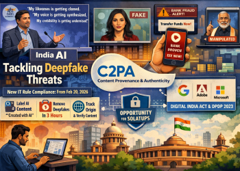 India AI Impact Summit 2026 event banner featuring MeitY's Deepak Goel on AI deepfake regulation and India's digital identity protection framework.