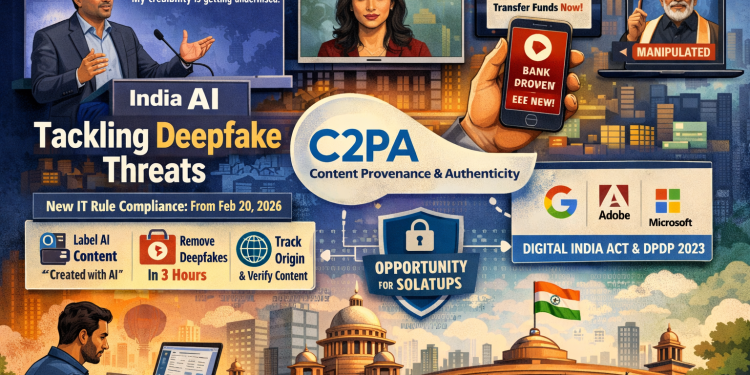 India AI Impact Summit 2026 event banner featuring MeitY's Deepak Goel on AI deepfake regulation and India's digital identity protection framework.