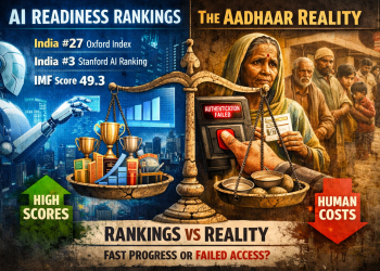 AI readiness rankings, AI governance, automated decisions, accountability, Aadhaar, EU AI Act: illustration of India’s “AI-ready” score masking weak reversal capacity when systems fail at population scale.