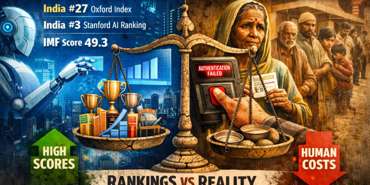 AI readiness rankings, AI governance, automated decisions, accountability, Aadhaar, EU AI Act: illustration of India’s “AI-ready” score masking weak reversal capacity when systems fail at population scale.